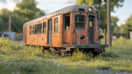 Fototapeta premium A Vintage Train Car Resting in Lush Greenery, Capturing the Beauty of History and Rustic Details