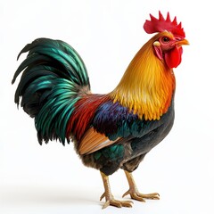 Fototapeta premium Colorful rooster standing proudly on a white isolated background.