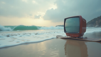 A Tranquil Beach Scene with a Small Wave Crashing and a Surreal Television on a Snowboard