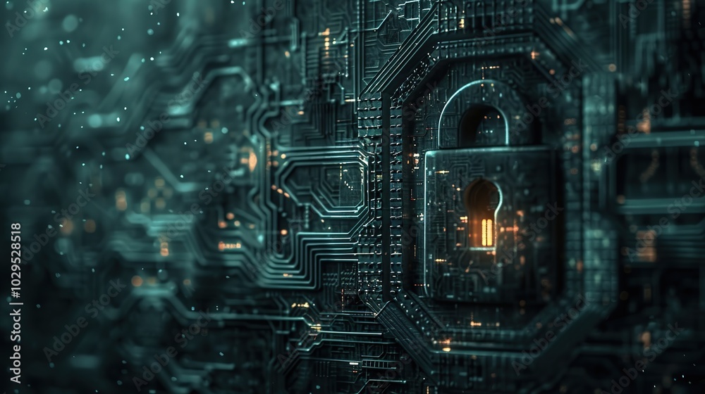 Poster a glowing keyhole embedded in a circuit board, representing digital security.