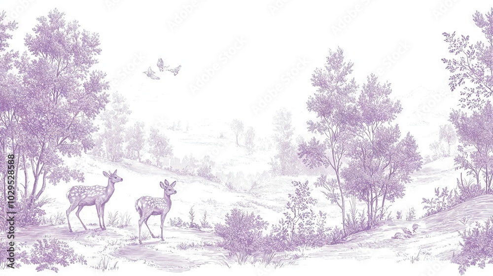 Wall mural   Two deer on a hill with trees and a bird flying overhead