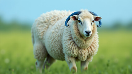 Naklejka premium A Vibrant Blue-Piped Sheep Grazing in a Lush Green Pasture Under a Clear Sky