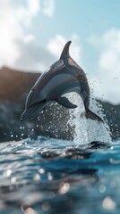 Graceful dolphin leaping out of the water, 4K hyperrealistic photo