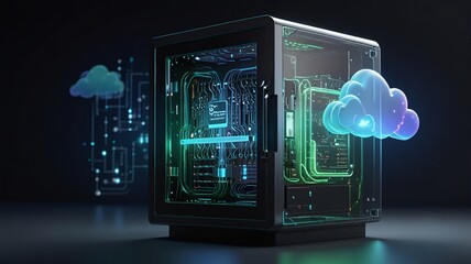 Fototapeta premium Cloud, data storage, server cabinet, upload, download, modern, hologram, internet, futuristic, exotic, AI head, artificial intelligence, creation, production.
