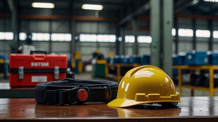 Fototapeta premium Helmet and First Aid, equipment to increase safety in industrial plants, basic treatment Zero Accidents, Safety First.
