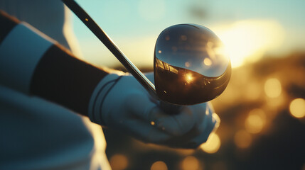 A close-up of a golfer’s hands gripping a club, ready to take a powerful shot, with sunlight reflecting off the polished surface of the club head.