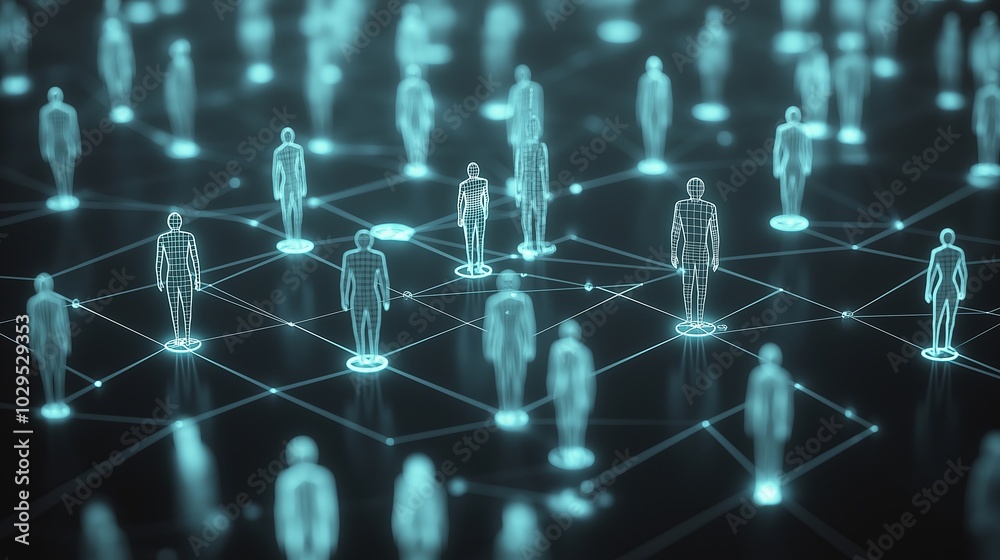 Poster abstract representation of a digital network with human icons, symbolizing data, connectivity, and t