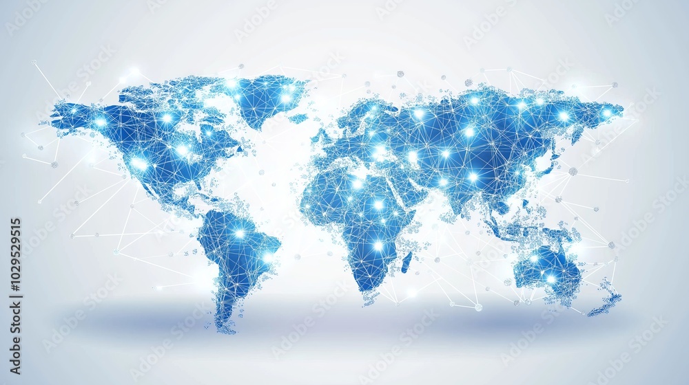 Poster Digital map of the world connected by a network of glowing nodes, symbolizing global connectivity, communication, and the internet's vast reach, Generative AI