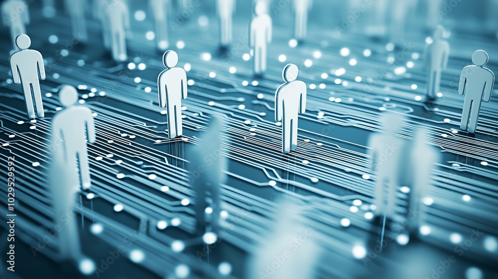 Poster abstract representation of a digital network with human icons, symbolizing data, connectivity, and t
