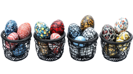 Colorful Easter Eggs in Black Baskets for Festive Celebration Generative AI