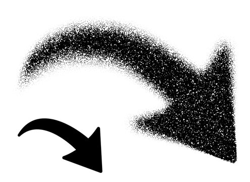 A curved downward arrow transitioning from scattered dots to a solid black shape, symbolizing decline and direction. Vector illustration.