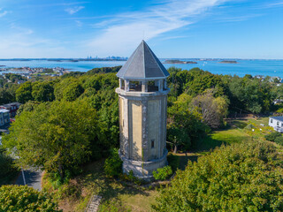 Hull Village aerial view including Fort Revere Water Tower on Telegraph Hill in Hingham Bay in...