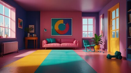 Minimalist room, school playroom, 3D playground, colorful, creative, development, child, girl, boy, young, small, learning.