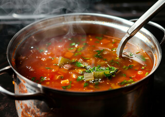 close-up of Hot soup with pickled cucumbers in a Stainless Steel Pot close-up