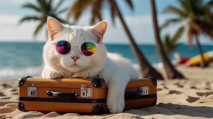 white cat, travel on holidays and weekends, vacation, relax, relax, beach, sea, stop working, cute, comfortable, suitcase.