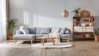 Cozy Scandinavian-inspired living room with a light gray sectional sofa, a neutral woolen ar 