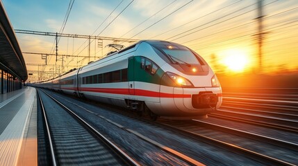 Fototapeta premium Modern high-speed train racing through an urban cityscape, symbolizing fast, efficient public transportation and urban connectivity, Generative AI