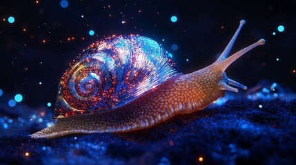 Vibrant and glowing snail with colorful lights, representing a fusion of nature and digital art in a surreal, imaginative scene, Generative AI
