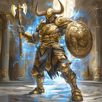 Majestic minotaur in golden armor holding a shield in an ancient grand hall.

