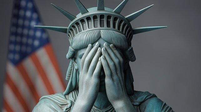 Statue of Liberty with hands covering her face, representing a powerful symbol of sorrow or reflection with the American flag in the background, Generative AI