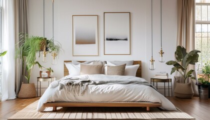Elegant modern farmhouse bedroom with a low wooden platform bed, pale grey and white bedding