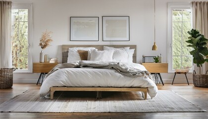  Farmhouse-style bedroom with a sleek, modern metal-framed bed, white bedding, and a plush wo