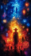 Cosmic Journey Enigmatic Figures in a Vibrant Galactic Landscape