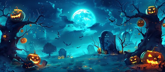 Halloween background with pumpkins, glowing trees, moon, spooky graveyard, jack o' lanterns.