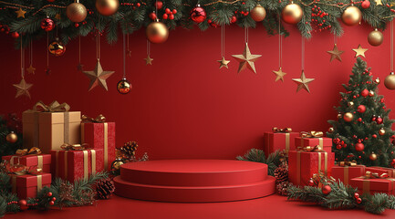 Elegant Christmas stage with golden decorations and red gift boxes