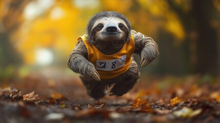 A sloth racing through an autumnal forest, humorously dressed in a jersey, portraying an amusing contrast of speed and nature, Generative AI