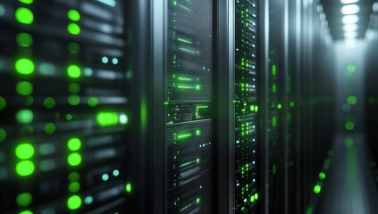 Camera slowly moving in data center showing server equipment with flickering light indicators, close up view. Seamlessly looped photorealistic 3D render animation