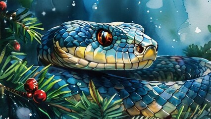 A cute snake, a symbol of Christmas on the background of lights and a Christmas tree.