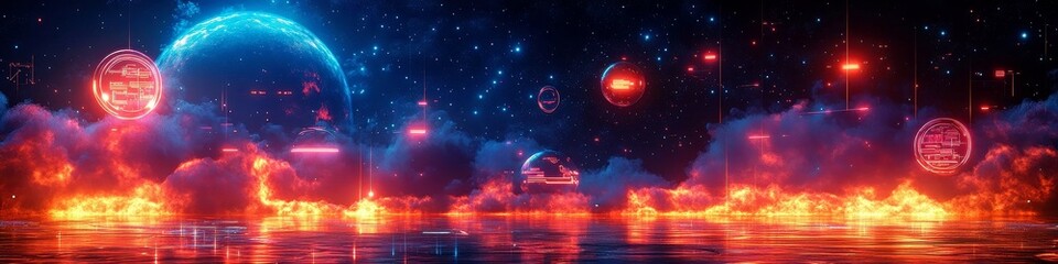 Obraz premium Futuristic Cosmic Landscape with Neon Elements and Fiery Effects