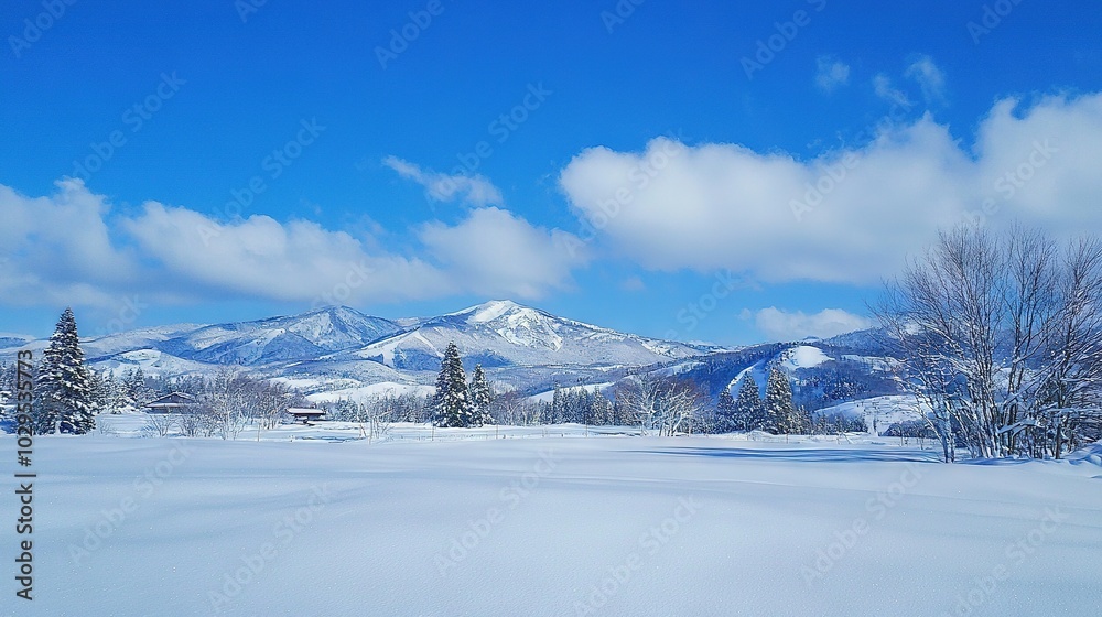 Wall mural   A snow-covered field surrounded by trees and majestic mountains, all set against a backdrop of brilliant blue skies dotted with fluffy clouds