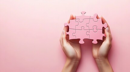Pink puzzle pieces held in hands against a pink background.  .