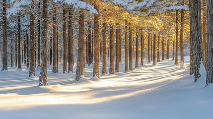 Obraz premium Snowy trees line the forest, sunlight filtering through