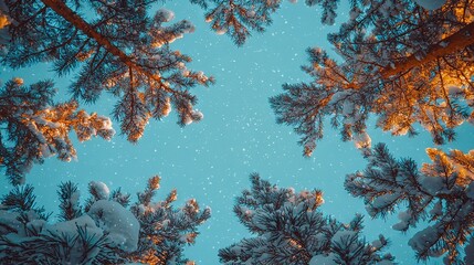   Looking at a group of pine trees under a snowy sky with snowflakes on their branches