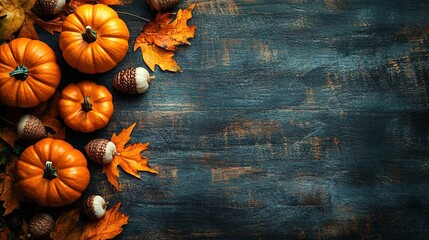 Pumpkins, acorns, and autumn leaves on a rustic wooden background. .