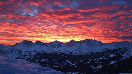 Obraz premium Sunset view of snow-capped mountain range with distant mountains and cloudy sky