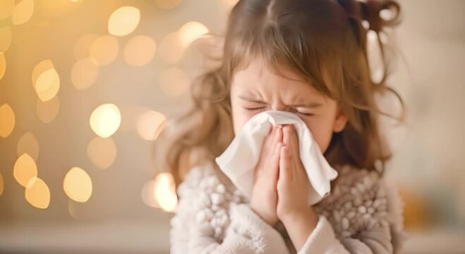Young girl with a cold blowing her nose, sitting in front of blurry lights