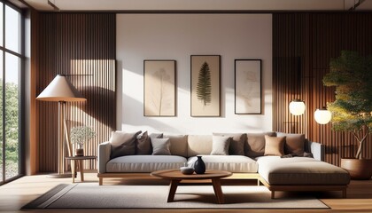  Japandi living room setting with a combination of light and dark wooden furniture, an earthy
