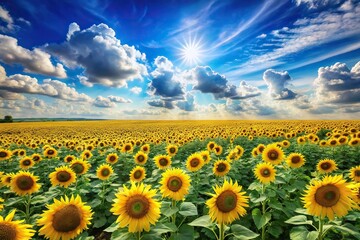 Fototapeta premium Panoramic view of sunflower fields and blue sky clouds background, asymmetrical