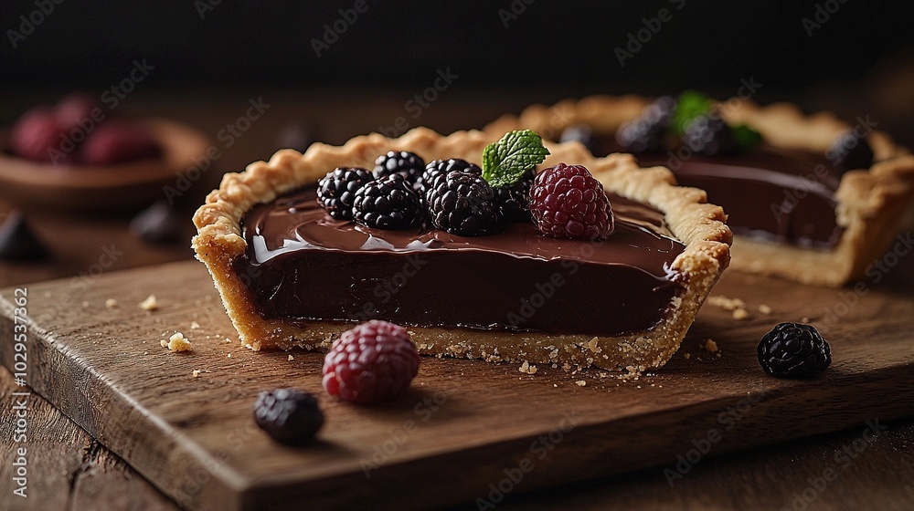 Sticker   A chocolate tart topped with raspberries and blackberries on a cutting board