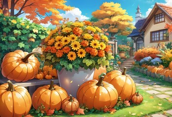 Pumpkin in the garden, autumn, illustration