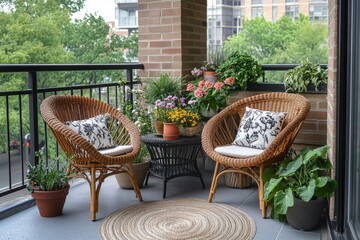 Fototapeta premium urban garden space, a tiny balcony with a cozy rattan bistro set and vibrant blooming plants forms a quaint urban retreat