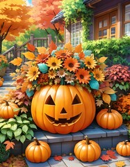Obraz premium Pumpkin in the garden, autumn, illustration
