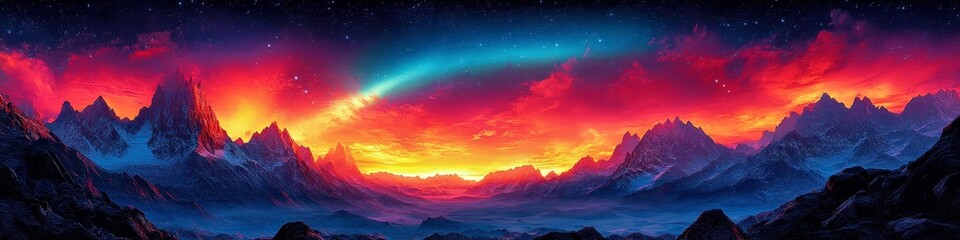 Fototapeta premium Stunning Mountain Landscape with Vibrant Sunset and Starry Sky