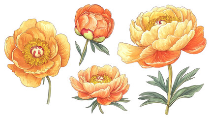 Spring Yellow & Orange Peonies on White Generative AI