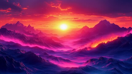 Fototapeta premium Stunning Vibrant Sunset Over Majestic Mountains in Dreamy Landscape