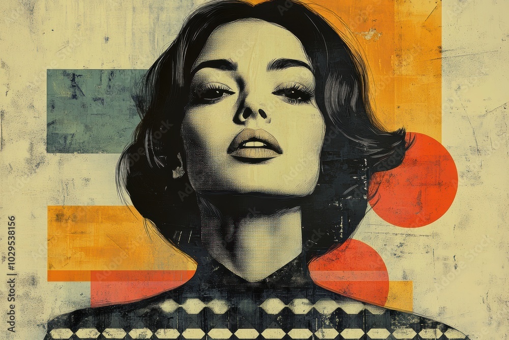 Fototapete geometric art, vintage digital art of a woman with unique patterns and strong lines on a simple back